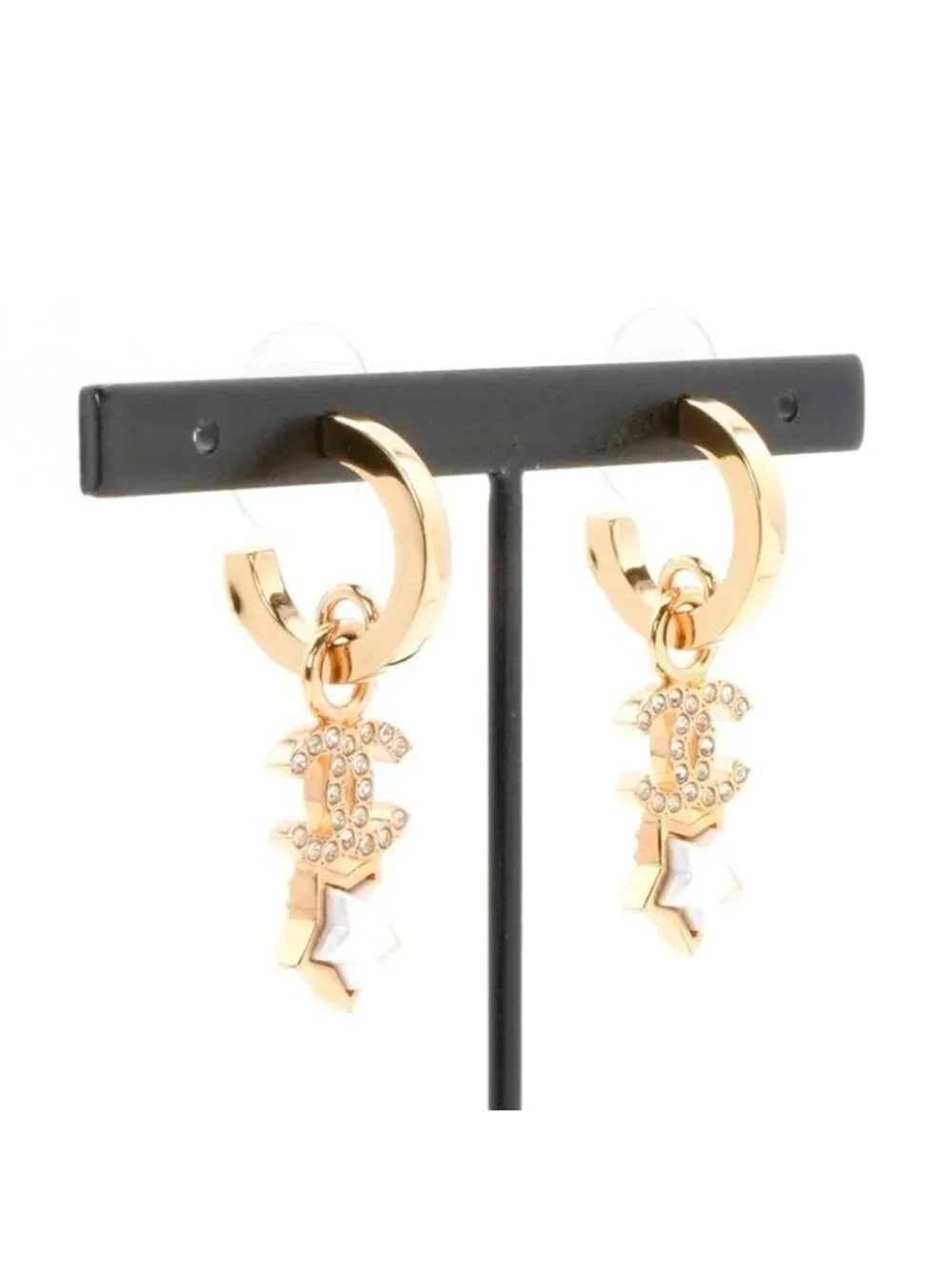 Chanel Earrings Gold Coco Mark Star Hoop Rhinestone